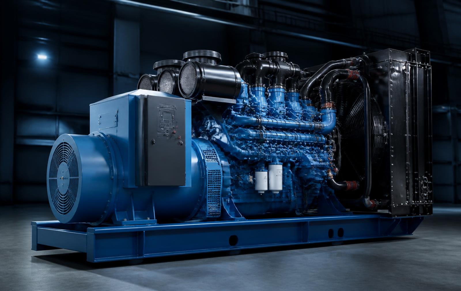 Industrial diesel generator set in a workshop